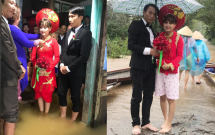 dam cuoi ngay mua lu co dau mac ao dai voi quan dui hong theo chang ve dinh