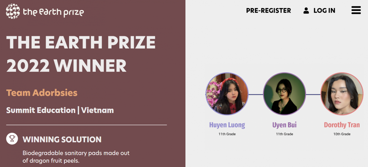 Thông tin và hình ảnh về đội thi đạt giải Nhất đến từ Việt Nam trên website của BTC cuộc thi Earth Prize 2022 - Ảnh chụp màn hình website The Earth Prize