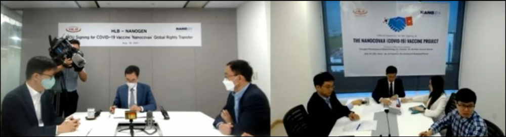 Chủ tịch HLB Jim Yang-gon và chủ tịch Nanogen Hồ Nhân cùng ký Biên bản ghi nhớ thông qua 2 đầu cầu được truyền hình trực tiếp. Ảnh: Korea Times