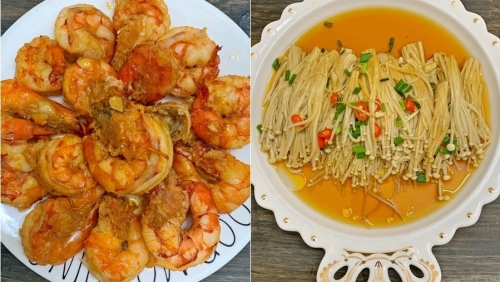 Món ngon dễ làm: Tôm rim và nấm kim châm hấp xì dầu