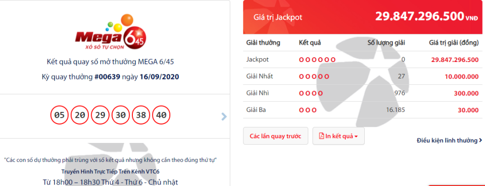 Kết quả xổ số Vietlott Mega 6/45 tối 18/9/2020: Gần 30 tỷ đồng sẽ thuộc về ai?