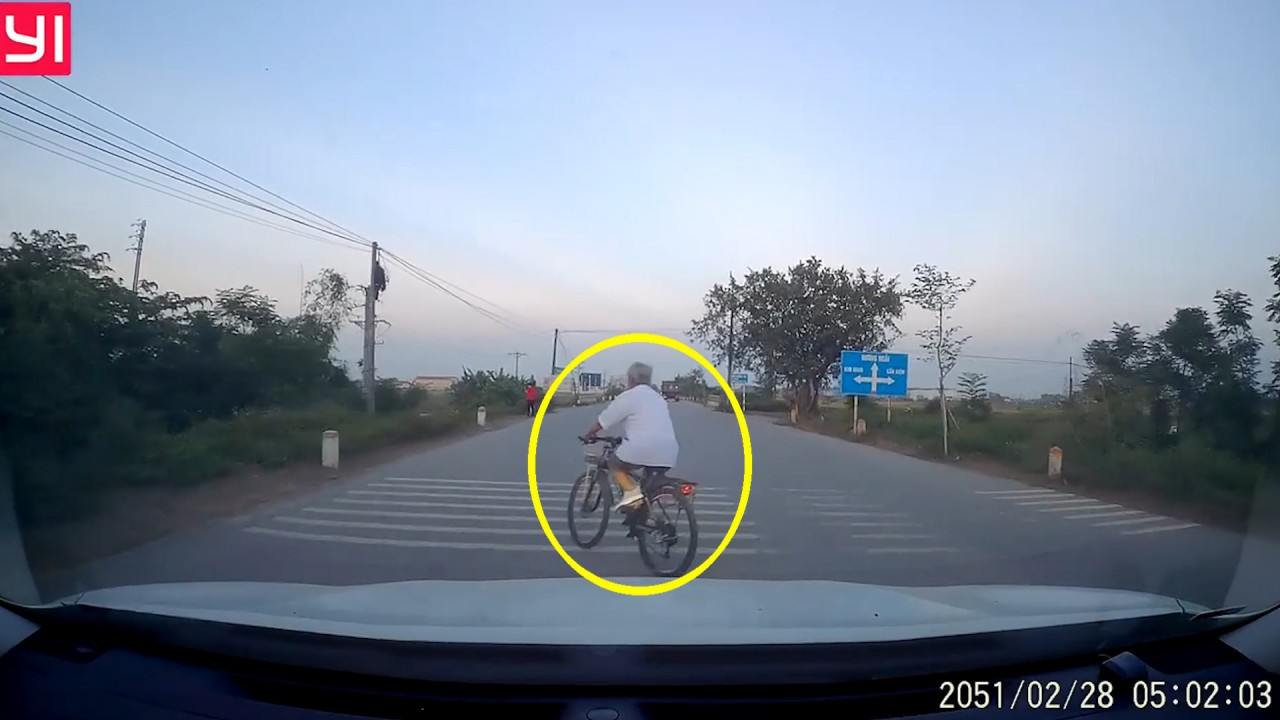 Video Cụ ông đạp xe tạt đầu container khiến tài xế phanh cháy lốp